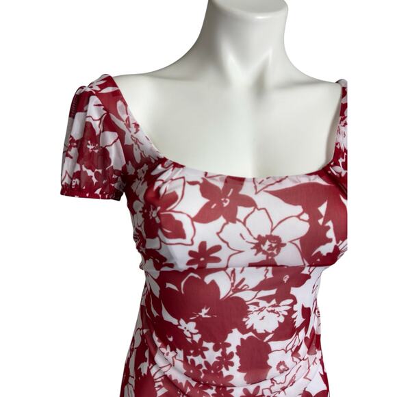 y2k Hot Kiss Babydoll Mesh Top Size Small Puff Sleeve Tie Back Floral Red Fairy - Picture 4 of 9